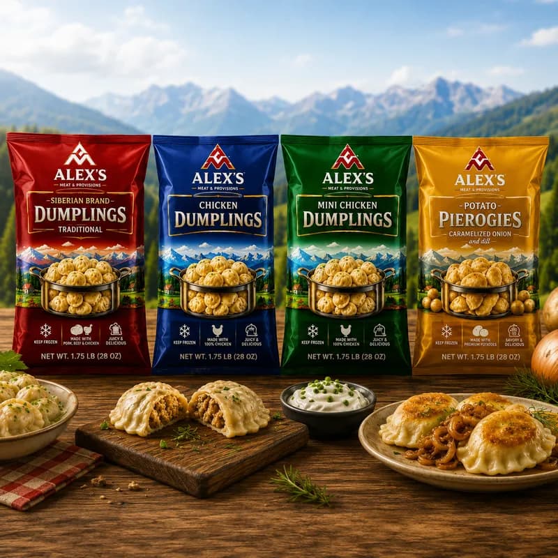 Alex's Meat dumplings and packaging on a family table
