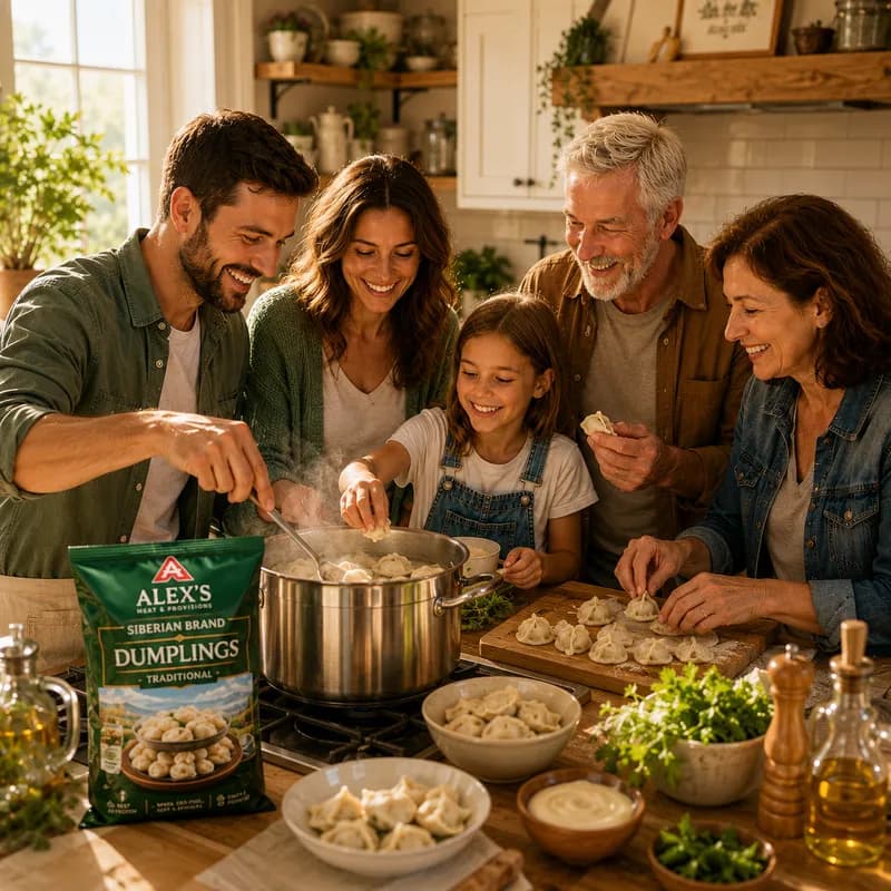 Family enjoying Alex's Meat dumplings together