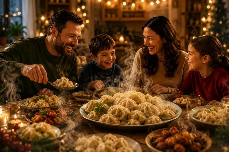 Family gathered around a table enjoying Alex's Meat dumplings